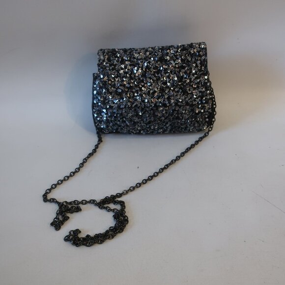 Womens Deepa Gurnani Silver Black Sequined Chain Strap Evening Clutch Handbag - Picture 1 of 9